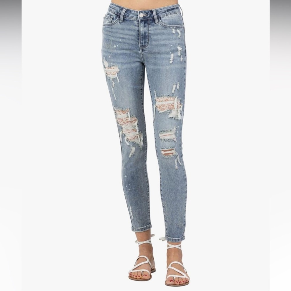 JUDY BLUE Mid-Rise Lace Patch Skinny Jeans Style 88432 size 15/32
